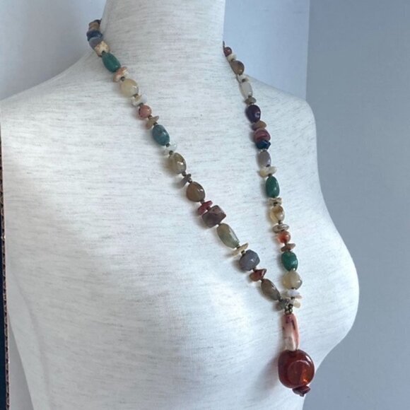 Artisan Natural Stone Beaded Boho 26" Boho Necklace Amber Colored Glass Pendant - Picture 8 of 16